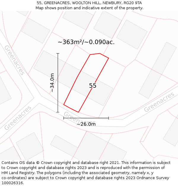 55, GREENACRES, WOOLTON HILL, NEWBURY, RG20 9TA: Plot and title map