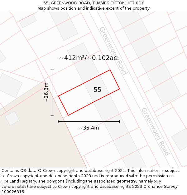 55, GREENWOOD ROAD, THAMES DITTON, KT7 0DX: Plot and title map