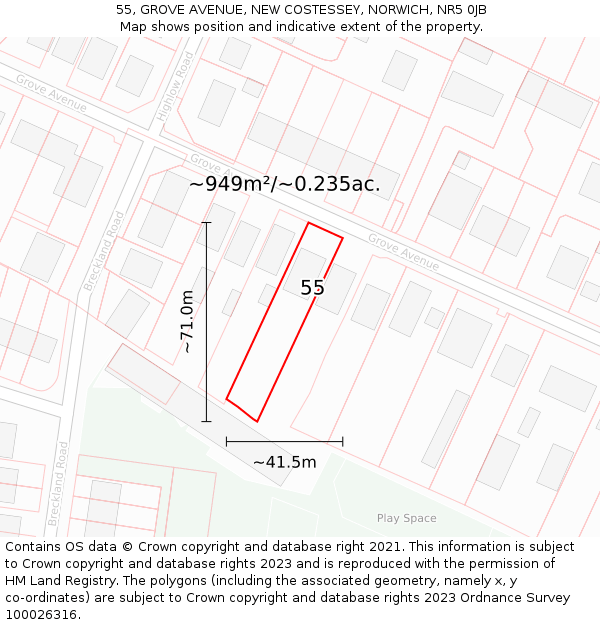 55, GROVE AVENUE, NEW COSTESSEY, NORWICH, NR5 0JB: Plot and title map