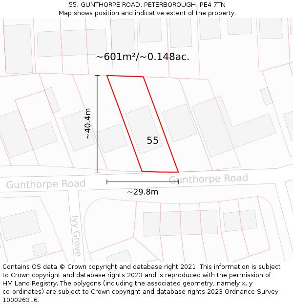 55, GUNTHORPE ROAD, PETERBOROUGH, PE4 7TN: Plot and title map