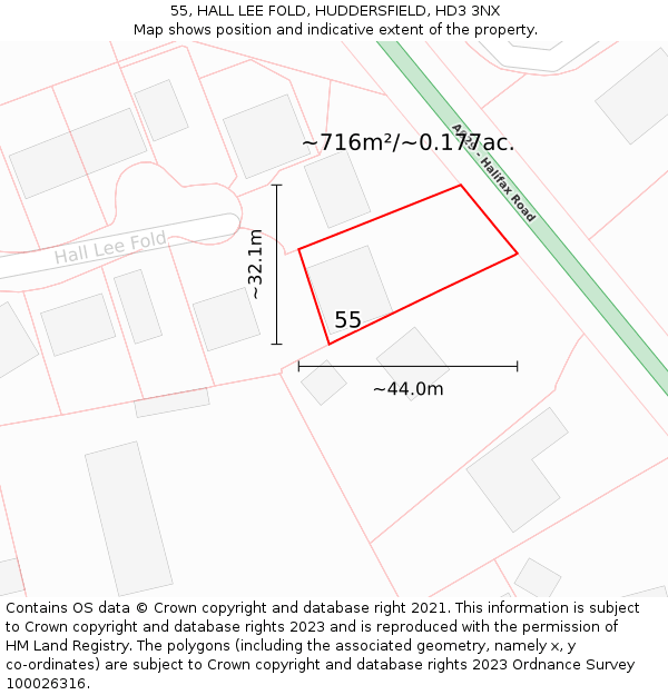 55, HALL LEE FOLD, HUDDERSFIELD, HD3 3NX: Plot and title map