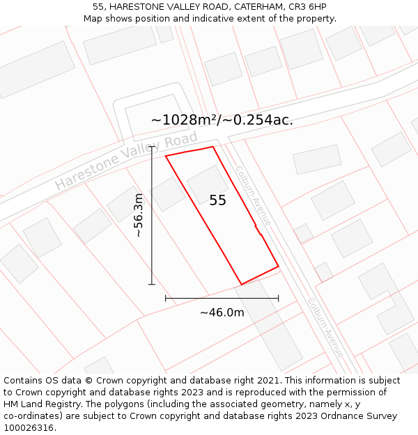 55, HARESTONE VALLEY ROAD, CATERHAM, CR3 6HP: Plot and title map