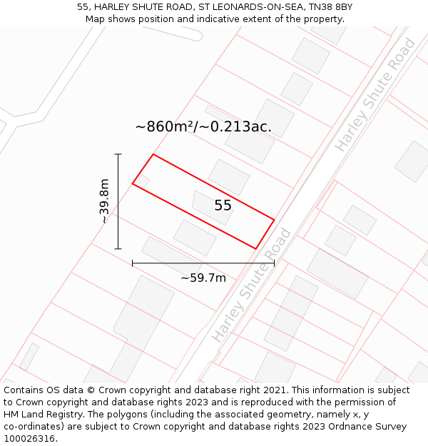 55, HARLEY SHUTE ROAD, ST LEONARDS-ON-SEA, TN38 8BY: Plot and title map