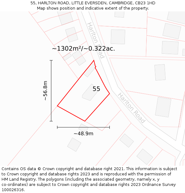55, HARLTON ROAD, LITTLE EVERSDEN, CAMBRIDGE, CB23 1HD: Plot and title map