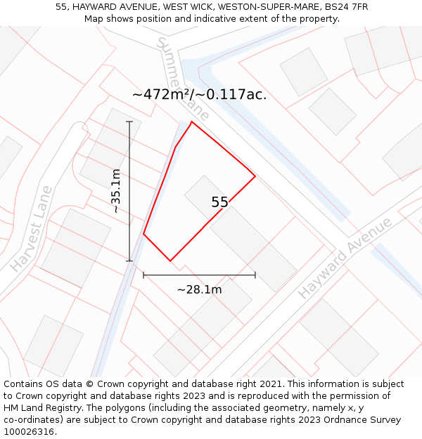 55, HAYWARD AVENUE, WEST WICK, WESTON-SUPER-MARE, BS24 7FR: Plot and title map