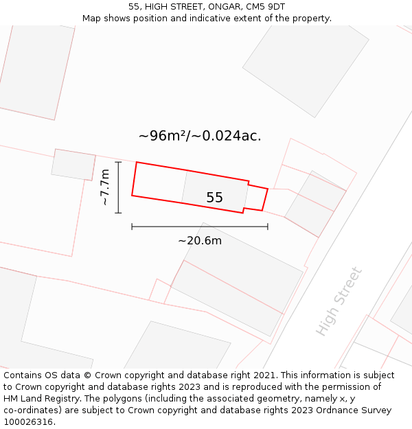 55, HIGH STREET, ONGAR, CM5 9DT: Plot and title map