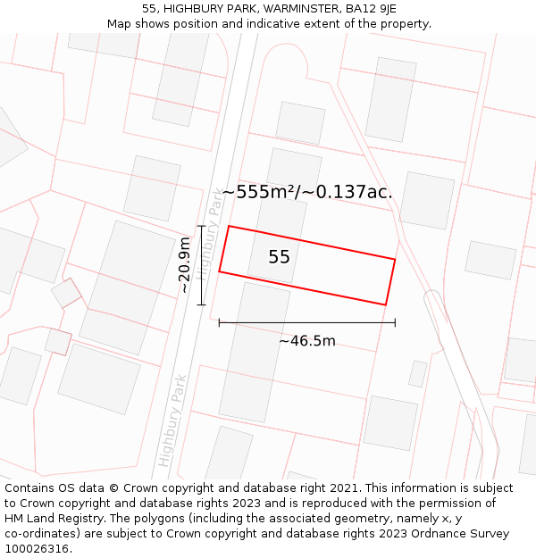 55, HIGHBURY PARK, WARMINSTER, BA12 9JE: Plot and title map