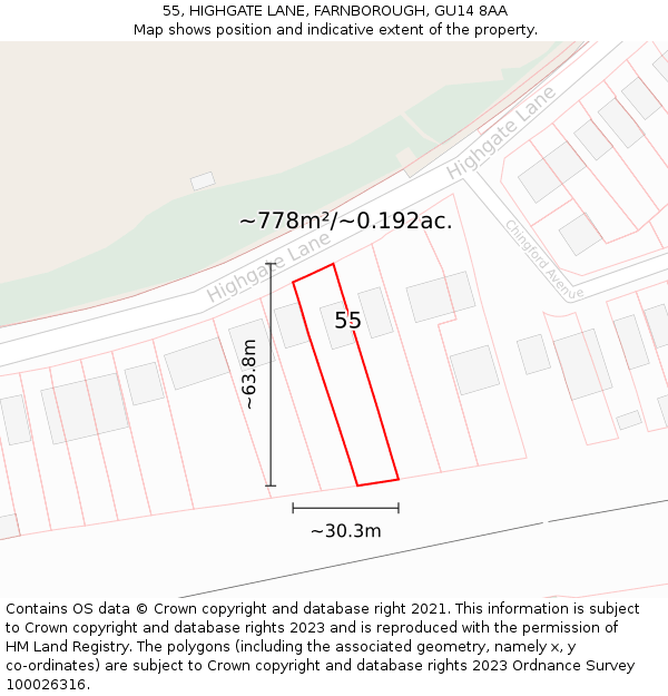 55, HIGHGATE LANE, FARNBOROUGH, GU14 8AA: Plot and title map