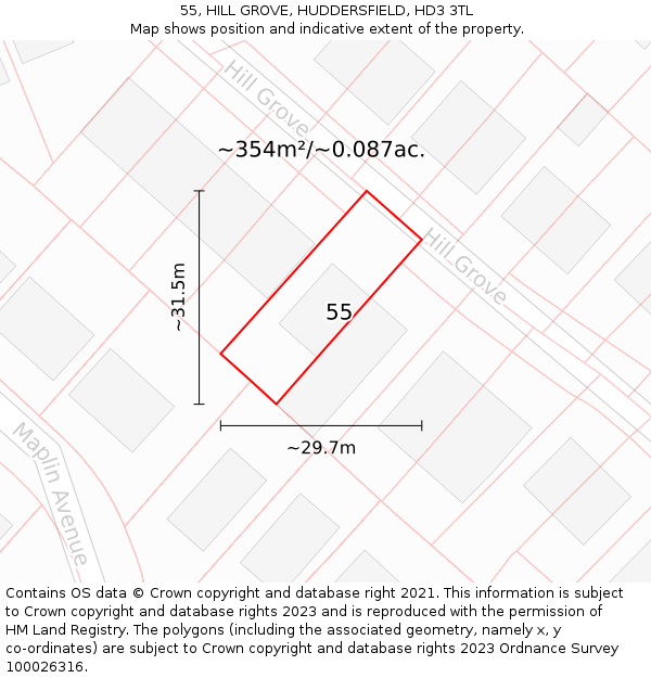 55, HILL GROVE, HUDDERSFIELD, HD3 3TL: Plot and title map