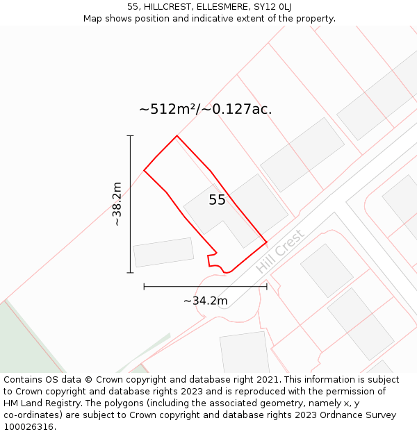 55, HILLCREST, ELLESMERE, SY12 0LJ: Plot and title map