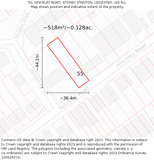 55, HINCKLEY ROAD, STONEY STANTON, LEICESTER, LE9 4LL: Plot and title map