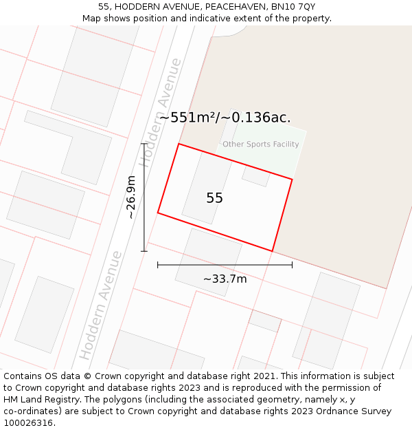 55, HODDERN AVENUE, PEACEHAVEN, BN10 7QY: Plot and title map