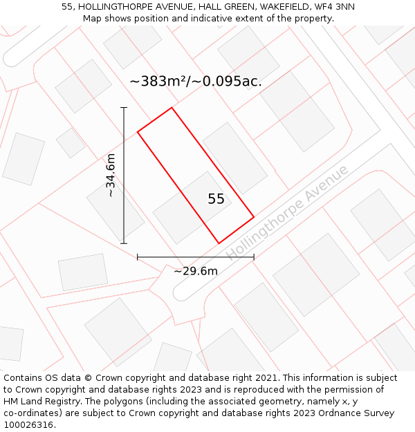 55, HOLLINGTHORPE AVENUE, HALL GREEN, WAKEFIELD, WF4 3NN: Plot and title map