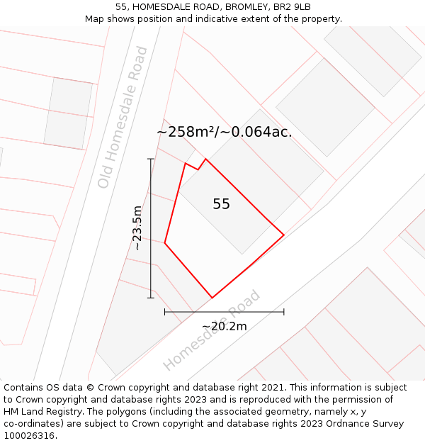 55, HOMESDALE ROAD, BROMLEY, BR2 9LB: Plot and title map