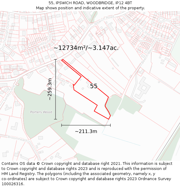 55, IPSWICH ROAD, WOODBRIDGE, IP12 4BT: Plot and title map