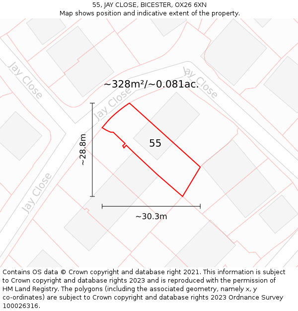 55, JAY CLOSE, BICESTER, OX26 6XN: Plot and title map