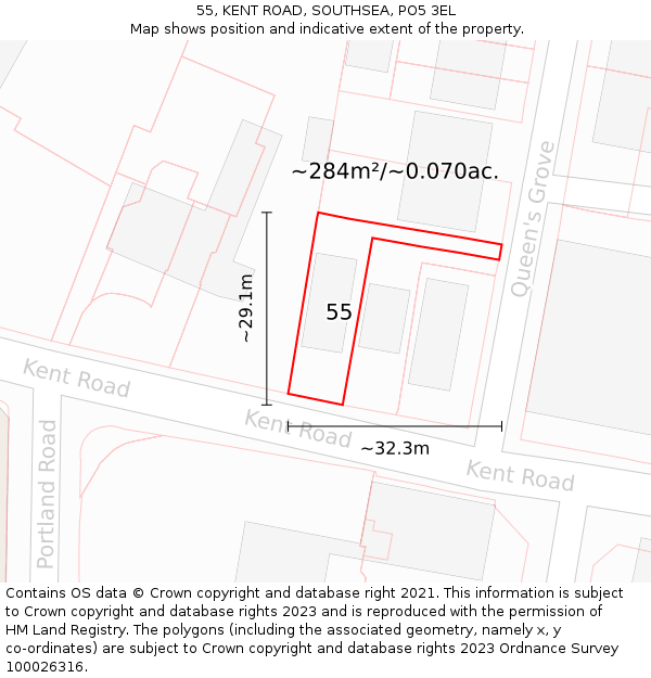 55, KENT ROAD, SOUTHSEA, PO5 3EL: Plot and title map