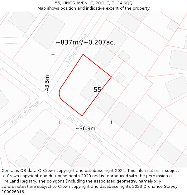 55, KINGS AVENUE, POOLE, BH14 9QQ: Plot and title map