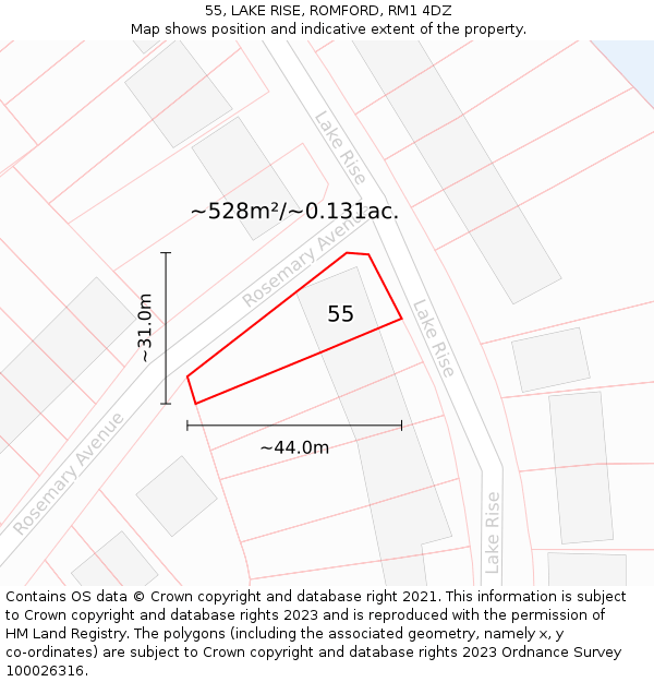 55, LAKE RISE, ROMFORD, RM1 4DZ: Plot and title map