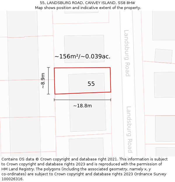 55, LANDSBURG ROAD, CANVEY ISLAND, SS8 8HW: Plot and title map