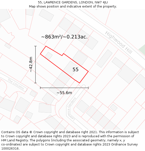 55, LAWRENCE GARDENS, LONDON, NW7 4JU: Plot and title map