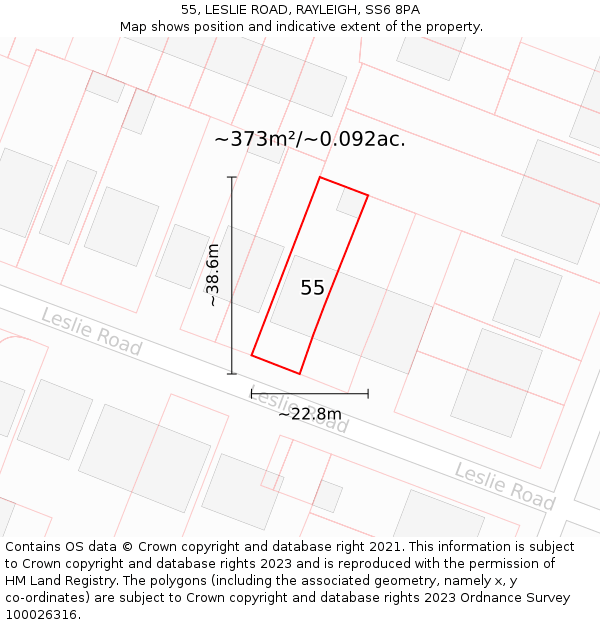 55, LESLIE ROAD, RAYLEIGH, SS6 8PA: Plot and title map