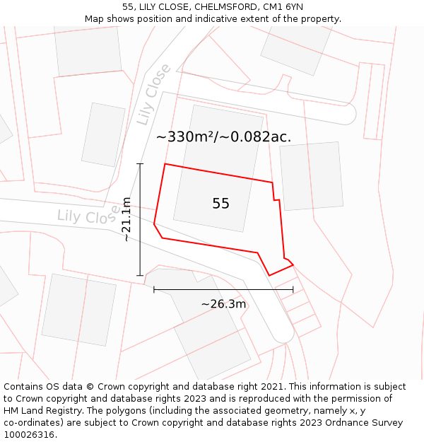 55, LILY CLOSE, CHELMSFORD, CM1 6YN: Plot and title map