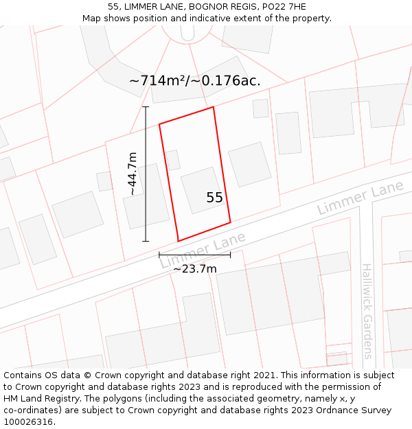 55, LIMMER LANE, BOGNOR REGIS, PO22 7HE: Plot and title map