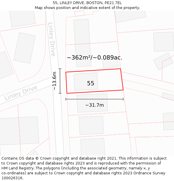 55, LINLEY DRIVE, BOSTON, PE21 7EL: Plot and title map