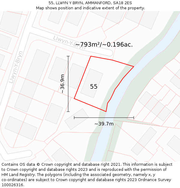 55, LLWYN Y BRYN, AMMANFORD, SA18 2ES: Plot and title map