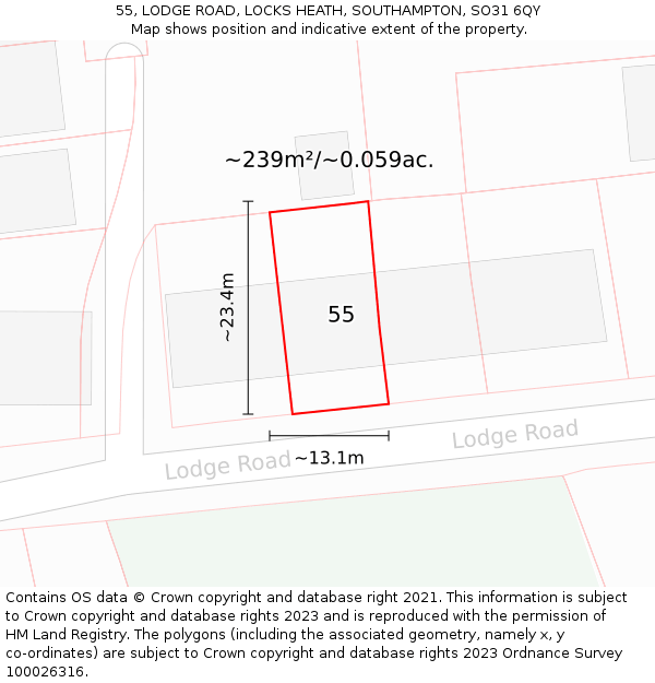 55, LODGE ROAD, LOCKS HEATH, SOUTHAMPTON, SO31 6QY: Plot and title map