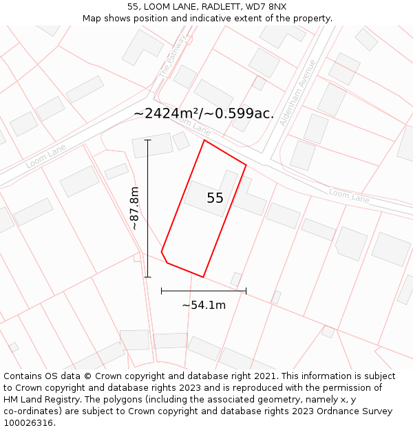 55, LOOM LANE, RADLETT, WD7 8NX: Plot and title map