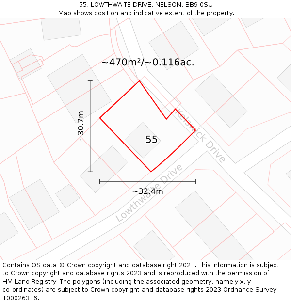 55, LOWTHWAITE DRIVE, NELSON, BB9 0SU: Plot and title map