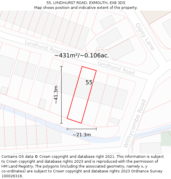 55, LYNDHURST ROAD, EXMOUTH, EX8 3DS: Plot and title map