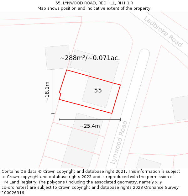 55, LYNWOOD ROAD, REDHILL, RH1 1JR: Plot and title map