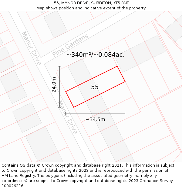 55, MANOR DRIVE, SURBITON, KT5 8NF: Plot and title map