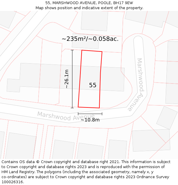 55, MARSHWOOD AVENUE, POOLE, BH17 9EW: Plot and title map