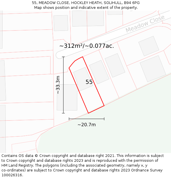 55, MEADOW CLOSE, HOCKLEY HEATH, SOLIHULL, B94 6PG: Plot and title map