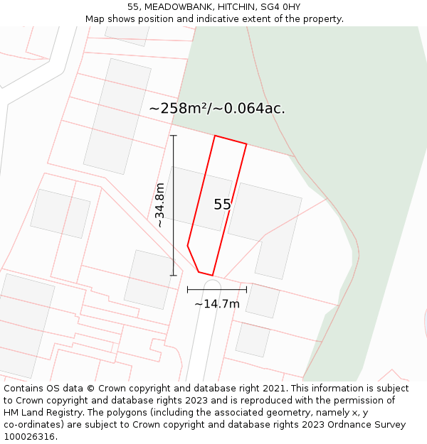 55, MEADOWBANK, HITCHIN, SG4 0HY: Plot and title map