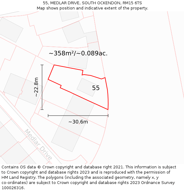 55, MEDLAR DRIVE, SOUTH OCKENDON, RM15 6TS: Plot and title map