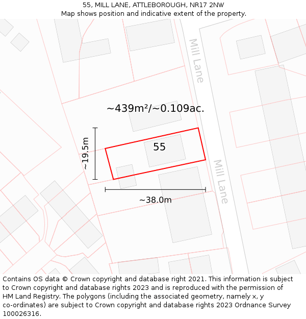 55, MILL LANE, ATTLEBOROUGH, NR17 2NW: Plot and title map