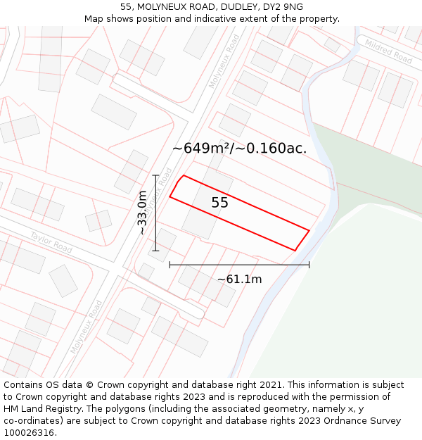 55, MOLYNEUX ROAD, DUDLEY, DY2 9NG: Plot and title map