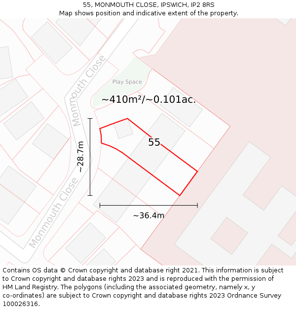 55, MONMOUTH CLOSE, IPSWICH, IP2 8RS: Plot and title map