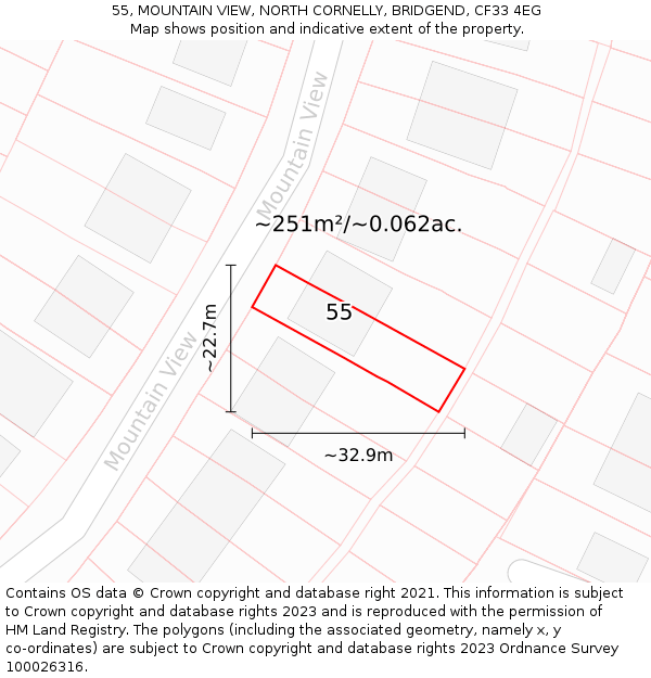55, MOUNTAIN VIEW, NORTH CORNELLY, BRIDGEND, CF33 4EG: Plot and title map