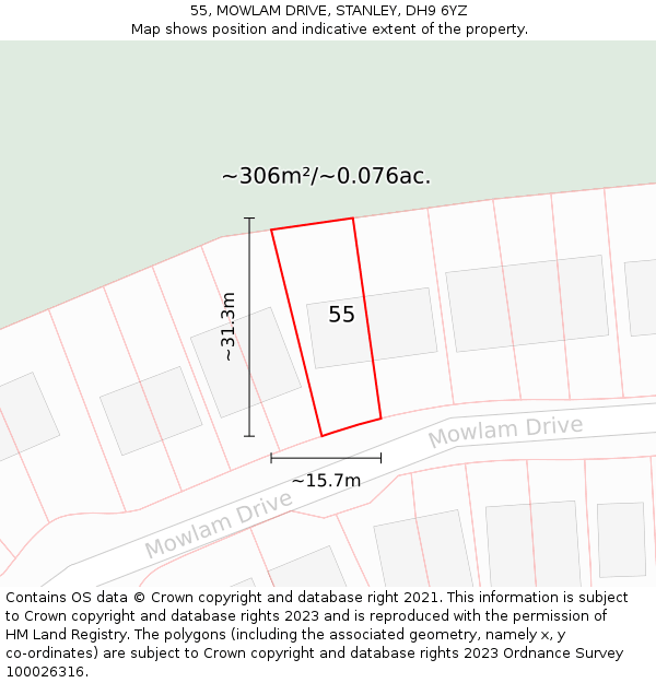 55, MOWLAM DRIVE, STANLEY, DH9 6YZ: Plot and title map