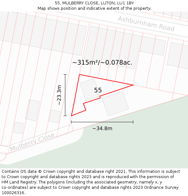 55, MULBERRY CLOSE, LUTON, LU1 1BY: Plot and title map