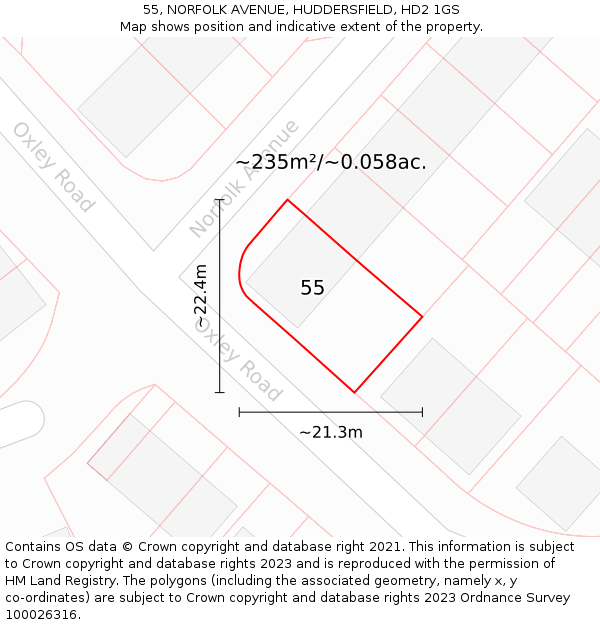 55, NORFOLK AVENUE, HUDDERSFIELD, HD2 1GS: Plot and title map