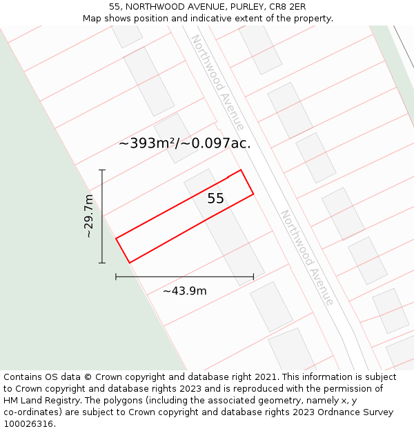55, NORTHWOOD AVENUE, PURLEY, CR8 2ER: Plot and title map