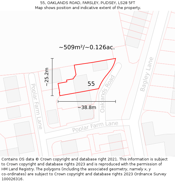 55, OAKLANDS ROAD, FARSLEY, PUDSEY, LS28 5FT: Plot and title map