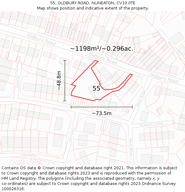 55, OLDBURY ROAD, NUNEATON, CV10 0TE: Plot and title map